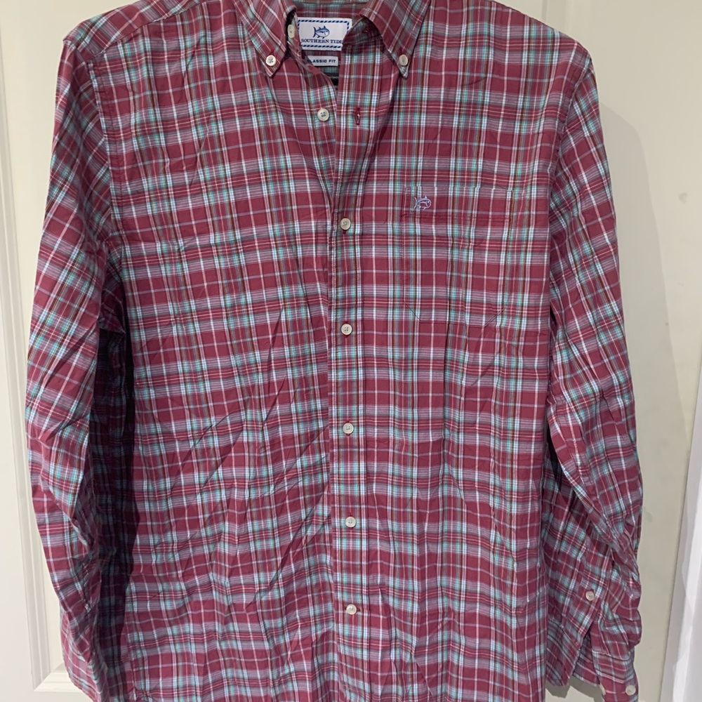 Southern Tide Men's Red and Green Plaid Shirt  A4